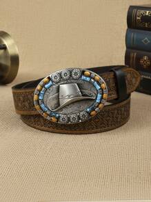 1pc Women Geometric Embossed Cowboy Hat & Bead Decor Oval Buckle Vintage Western Belt For Daily Life Boho Fall, Autumn, Halloween - Bronze - View 3