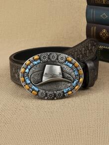 1pc Women Geometric Embossed Cowboy Hat & Bead Decor Oval Buckle Vintage Western Belt For Daily Life Boho Fall, Autumn, Halloween - Bronze - View 5