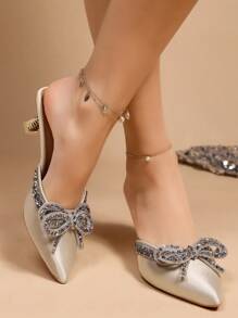 Giày bít mũi cao gót nhọn trang trí nơ thanh lịch dành cho nữ, kiểu dáng kitten heel, sang trọng, thích hợp cho tiệc tùng và đám cưới. - trắng - Xem 6