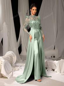 Faeriesty Elegant Satin Jumpsuit With Glittering Sequin Embroidery & Floor-Length Trail | Luxury Evening Wear For Black Tie Galas, Weddings, Formal Events