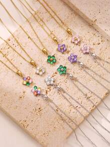 1pc 18K Gold Plated Stainless Steel Cubic Zirconia Flower Necklace, Suitable For Couples Everyday Wear