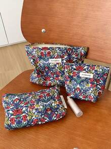 1 件复古碎花图案大容量化妆包，便携式拉链化妆品收纳袋，大旅行包，女性必备，学生宿舍，伴娘礼物，母亲礼物，生日礼物 - 藏蓝色 - 查看 2