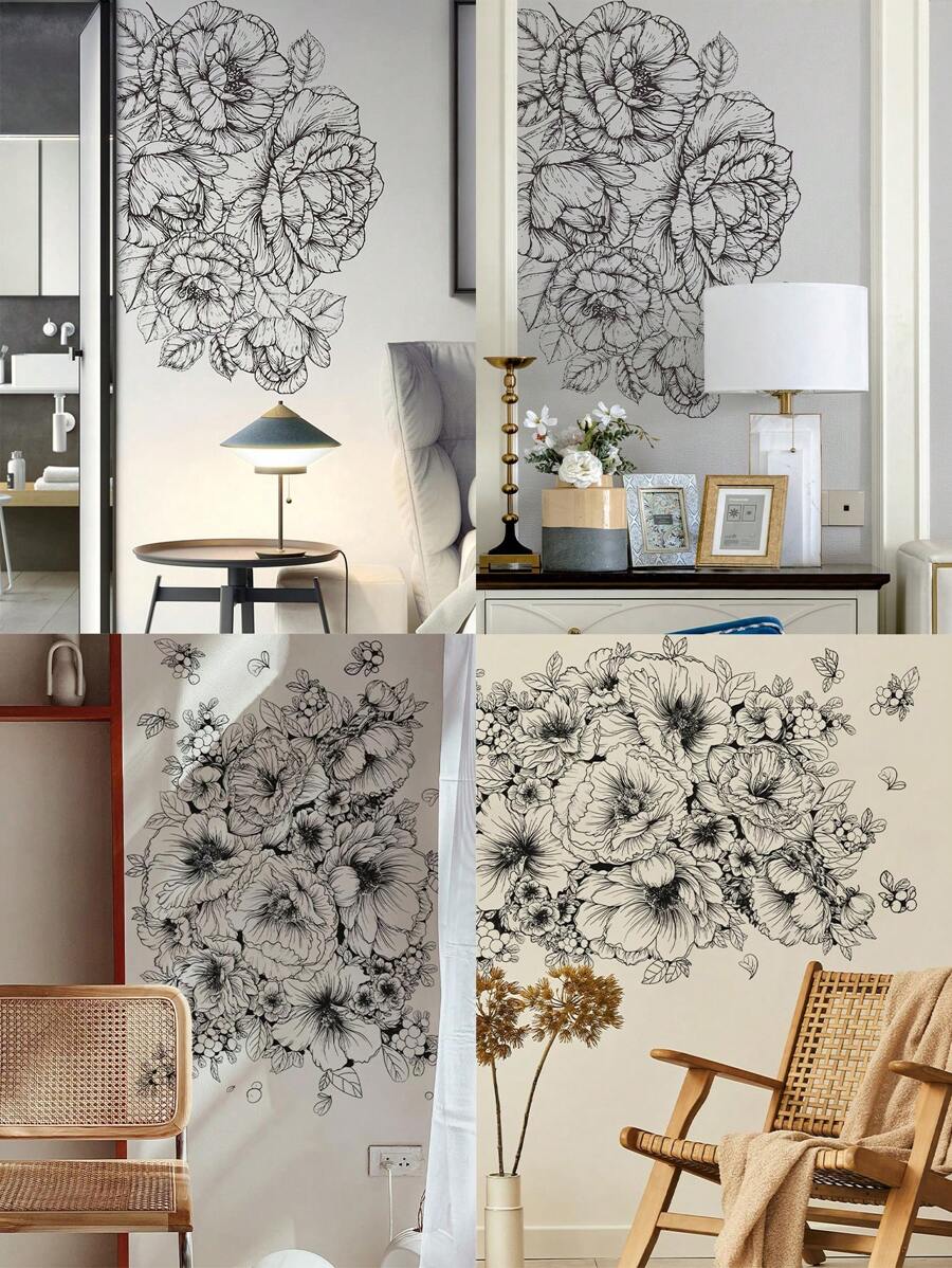 1pc Home Decorations Black Flower Wall Sticker, Modern Floral Pattern Wall Decal For Home,Stickers,Wall Decal,Vinyl Decal For Home Decorations, Wall Decoration Items Refresh Your Home