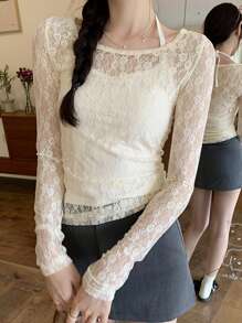 2 件套：甜美性感透明蕾丝挂脖系带上衣和无袖背心，女士夏季新品 - 杏色 - 查看 1