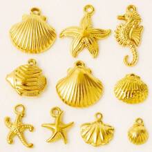 10pcs Luxury Ocean Theme Fashionable Versatile 304 Stainless Steel Gold & Silver Seahorse, Starfish, Shell Pendant DIY Jewelry Accessories