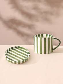 1 szt. Klasyczny ceramiczny kubek do kawy w paski i spodek, skandynawski minimalistyczny kubek w stylu retro, odpowiedni do latte, kawy, matchy, herbaty, kawy arabskiej, duża pojemność amerykańskiego kubka do kawy, świetny prezent dla przyjaciół i rodziny