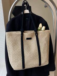 Fashionable Color-Blocking Straw Tote Bag, Versatile With Elegant Shoulder Straps. Summer & Beach Essentials, Large Capacity, Portable For Women, Teen Girls, College Students, Office Workers. Perfect For Work, School, Vacation, Beach