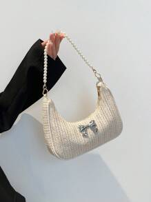 Pearl Chain Relaxed Bag, Fashion Straw Crescent Bag For Spring/Summer Vacation Beach, Metal Bowknot Casual Tote Bag, Underarm Beach Bag, Versatile Casual Shopping Bag For Women - Beige - View 3