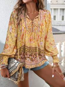 Women's Floral Boho Peasant Blouse With Long Sleeves And Tassel Tie - 黃色 - 查看 6