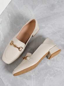 Zapatos casuales versátiles de trabajo de tacón grueso color albaricoque para mujer, mocasines de punta cuadrada