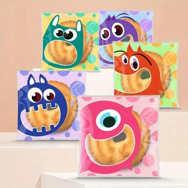 100pcs Cute Cartoon Monster Self-Adhesive Cookie And Candy Bags - Colorful, Snack Packaging, Playful Design - Suitable For Halloween, Christmas, Thanksgiving, Holiday Snack Storage | Playful Monster Design | Resealable Plastic Bags