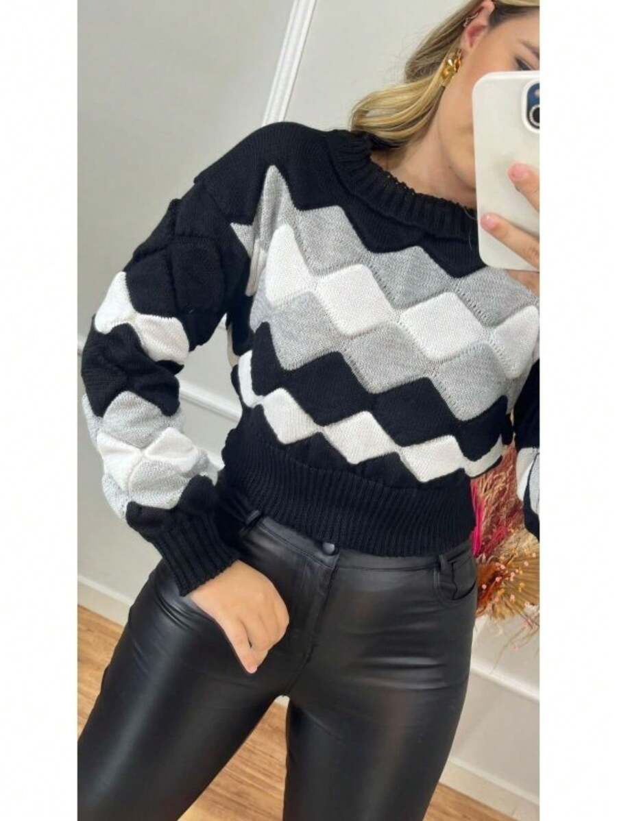 Women's Cropped Knit Cold Weather Blouse Long Sleeve Pom Pom Knit Cold Weather Blouse - Đen, xám và trắng - Xem 1
