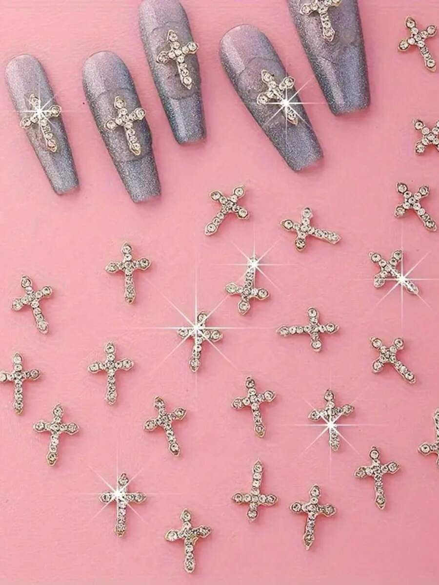 20 件十字指甲水钻和宝石饰物，用于美甲，3D 合金指甲饰物用品，十字指甲贴花，防过敏金色金属美甲装饰品，适用于女士美甲，手机壳十字饰物，剪贴簿工艺品 DIY - 彩色 - 查看 1
