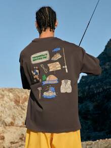 INFLATION 男士休闲宽松泡沫3D印花T恤（流行再版） - 棕色 - 查看 2