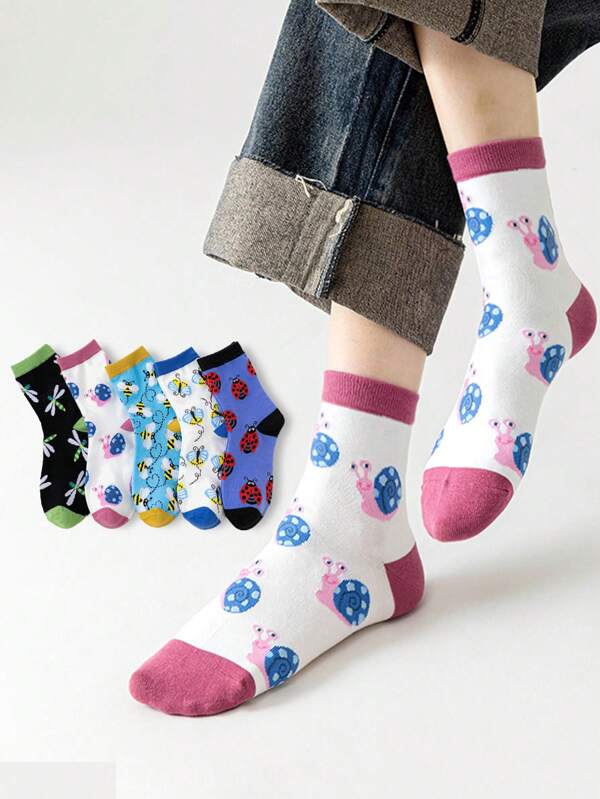 1/3/5/7/9 Paar Damen Insekten Jacquard Knöchelsocken, Libellen, Schnecken, Schmetterlinge, Marienkäfer, Bienen Jacquard Knöchelsocken, Damen Alltagssocken bis zur Wade