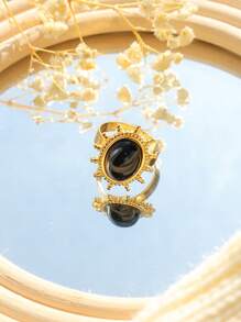 1pc Stainless Steel Ring With Unique Textured White, Black, Blue Natural Stone, Suitable For Women Everyday, Party, Halloween, Valentine's Day, Thanksgiving Gift