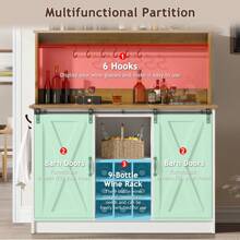 47" Farmhouse Coffee Bar Cabinet With 9 Racks,Wine Bar With 6 Hooks, Sliding Barn Door And Adjustable Shelves,White/Grey/Dark Oak