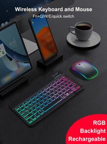 10-Inch Wireless Backlit Mini Silent Notebook Laptop Tablet Wireless Lithium-Ion Battery Keyboard, Dual-Mode Illuminated Wireless Charging Mouse, Compatible With 3 Systems (Keyboard Battery Capacity: 280mAh)