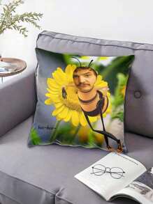 1pc Funny Bee & Flower Print Decorative Pillow Case, Customized Cushion Cover, Gag Gift For Friends, Creative Home Decor