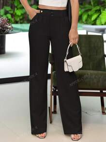 Apperloth A Pantaloni a vita alta, morbidi, con doppio bottone anteriore, piegatura, tasche inclinate e gamba ampia, adatti per uso casual e formale