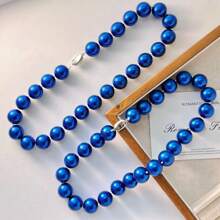 16mm Retro High-End Large Navy Base Turquoise Crystal Faux Pearl Necklace Choker - Vintage Minimalist Style Women's Necklace, Suitable For Daily Wear, Valentine's Day, Mother's Day Gift - Blue - View 2