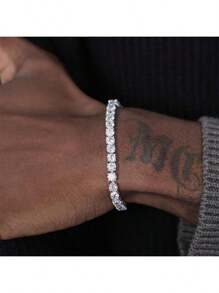 1 pieza Pulsera con cadena de bolas tipo pelota de tenis incrustada con circonita cúbica, joyería de estilo hip hop, unisex, adecuada para fiestas diarias
