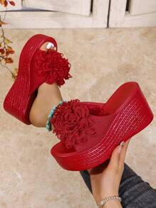 Women's Rivet Strap Transparent Fashion High Waterproof Platform Wedge Sandals - Red - View 3
