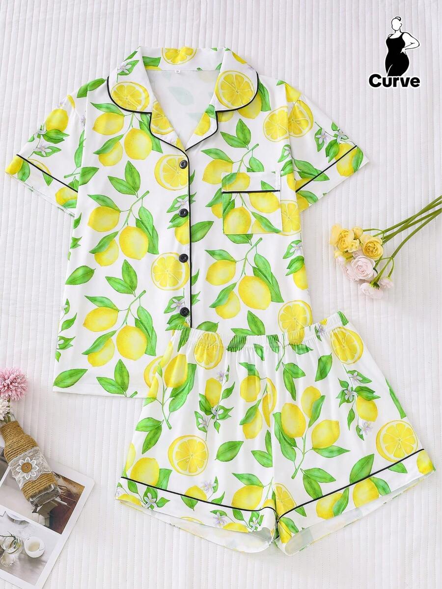 2 件大码女式柠檬印花短袖翻领纽扣睡衣套装，宽松松紧腰短裤，睡衣和家居服，适合丰满女士，适合派对、户外和居家穿着