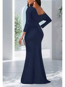 Long Dress With Dropped Shoulders And 3/4 Sleeves, Consenza Model, Maria Bela Brand - 藏蓝色 - 查看 2