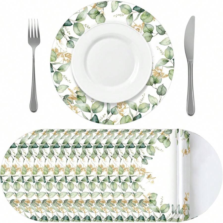 10 件桉树叶圆形纸质餐垫，绿灰色一次性餐具垫，适用于餐桌、厨房、乡村婚礼、节日、淋浴、生日派对装饰