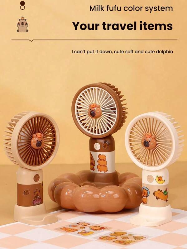 1 pieza Lindo mini ventilador portátil recargable por USB de Capibara, adecuado para viajes, verano, exteriores, campamentos, fiestas, regalo de cumpleaños para niños, familia, amigos y pareja