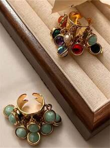 1pc Exaggerated Retro Colorful Acrylic Pearl Tassel Adjustable Open Ring, Women Jewelry Party Accessories