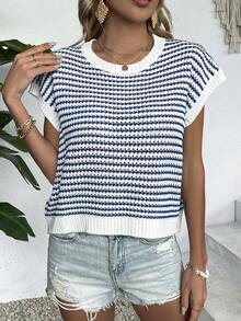 优雅女士春夏时尚日常休闲周末度假旅行海滩度假衬衫，独特针织撞色条纹圆领无袖蕾丝针织常规宽松版型女士背心，海滩度假情人节女士毛衣，女士衬衫，返校夏季女士服装，春夏情人节女士服装 - 牛仔藍 - 查看 6