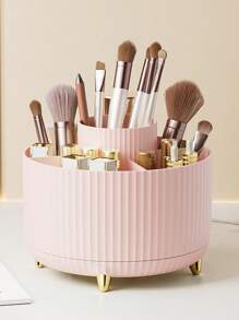 360°Rotating Makeup Organizer - 1pc Plastic Cosmetic Storage With 5 Compartments - Multi-Functional Holder For Brushes, Lipsticks, Skin Care Products, And Stationery - Unscented Desk Caddy With Luxury Stripe Design Home Bathroom Decor Summer Makeup Organizer Back To School