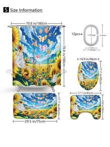 1 cái/4 cái Rèm tắm chống thấm nước đa chức năng họa tiết hoa hướng dương phong cách mùa hè có 12 móc, thảm chống trượt cho phòng tắm, thảm trải sàn hình chữ U, nắp bồn cầu tròn, bộ đồ dùng phòng tắm phù hợp với mọi tình huống - Nhiều màu - Xem 4