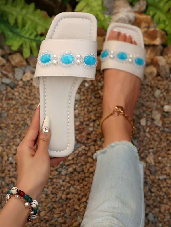 Women's Fashion Flat Slippers 2025 New Model Lightweight Luxury Rhinestone Open Toe Mule Sandals, Plus Size