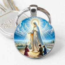 Virgin Mary Glass Pendant Keychain - Alloy, Round Design, Praying Cross - Suitable For Men & Women, Christian Fashion Accessory For Daily Wear And Parties Car Accessories Bag Charm