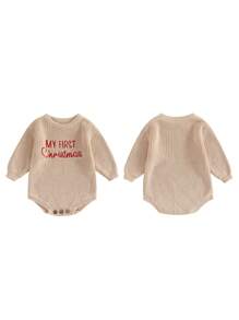 Mono de punto con cuello redondo y manga larga con bordado de letras para bebé, mi primer suéter navideño - Caqui - Ver 2