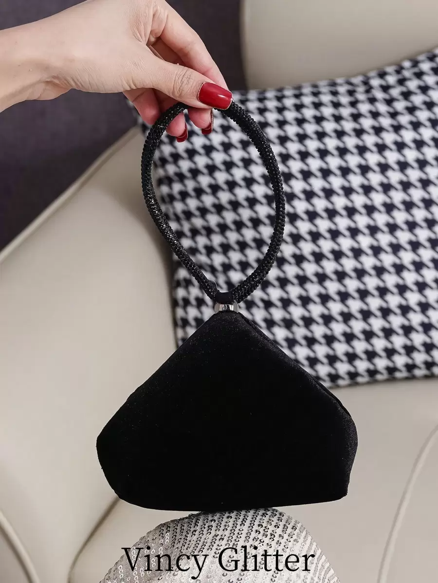 Mini Velvet Rhinestone Handbag Clutch, Unique Shape Cute Makeup Bag Coin Purse Stylish Small Bag - Black - View 1