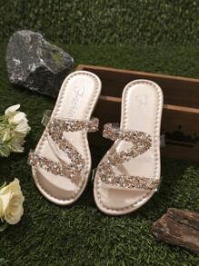 1 双儿童平底圆头 PU 材质舒适凉爽防水防滑拖鞋，时尚百搭水钻装饰透气轻便女童凉鞋，适合户外、派对和居家使用 - 金色 - 查看 6