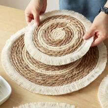 1 pieza /4 piezas /6 piezas Posavasos o manteles individuales redondeados con flecos de estilo bohemio tejidos a mano de manera natural, adecuados para restaurantes, decoración de bodas