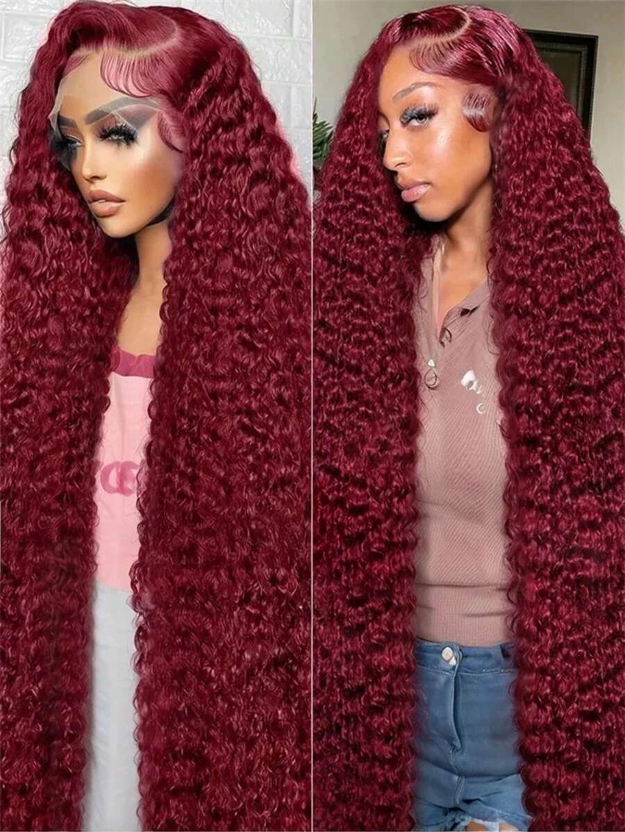 Uveous 40 Inch 200% Density 99J Burgundy Lace Front Wigs Human Hair 30 40 Inch Long Deep Wave Lace Front Wigs Human Hair Pre Plucked With Baby Hair Red Curly Human Hair Wig 13x4 HD Colored HD Transparent Lace Frontal Wet And Wavy Loose Deep Wave
