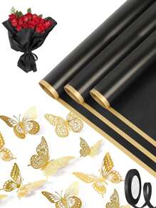 Flower Wrapping Kit - 20pcs Waterproof Bouquet Wrapping Paper, 12pcs 3D Gold Butterfly Decoration And 72ft Ribbon For Florist Supplies, Gift Wrapping Supplies