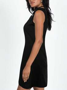 New Arrival European Style Women's Elegant Simple Solid Color Metal Button V-Neck Sleeveless Dress - Black - View 2