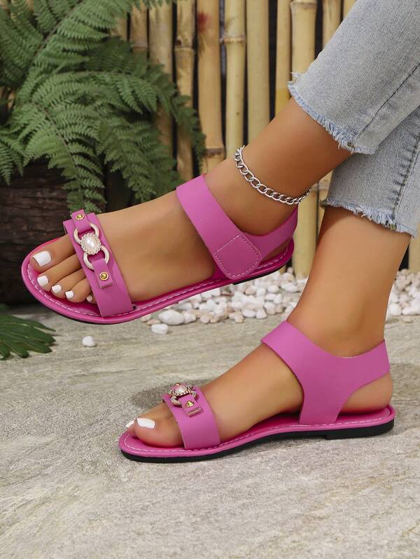 Women's White Round Toe Shoes, Elegant Summer Style, Fashion Refined Comfortable Minimalist Graceful Fresh Romantic Distinctive Noble Lightweight Versatile Casual White Flat Sandals