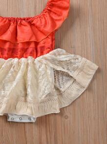 Toddler Baby Girls Summer Rompers Short Sleeve Floral Print Bodysuit Lace Ruffle Tulle Skirt Hem - 米色 - 查看 8