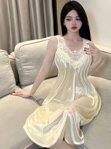 Sophisticated Comfort] Elegant Purple Satin Nightgown With Lace Trim, Sleeveless Round Neck Vest Dress For Women – Comfortable And Stylish Sleepwear - 香檳色 - 查看 5