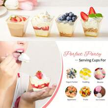 200/150/100/25/10 Pack Gold Glitter Square Dessert Cups, Mini Plastic Parfait Appetizer Cups With Spoons,Shooter Serving Cups For Wedding Party Events, Appetizers, Tasting Party, Snacks, Parfait (2 Oz)