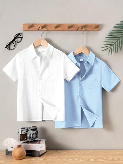 2 件父子经典休闲学院风双色贴袋短袖衬衫，正式活动、派对、表演服装
