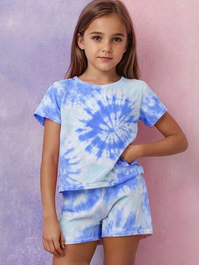 Girls'' Tie-Dye Pink Round Neck Short Sleeve Shorts 2 Pieces Sets, Casual, For Big Tween Girl
